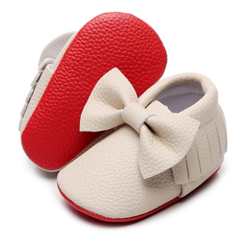 Bebila Double Bow Fringe Baby Moccasins - Soft Sole Baby Shoes Girls Toddler Crib Flats Beige - Image 2