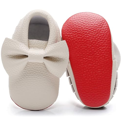 Bebila Double Bow Fringe Baby Moccasins - Soft Sole Baby Shoes Girls Toddler Crib Flats Beige - Image 1