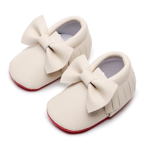 Bebila Double Bow Fringe Baby Moccasins - Soft Sole Baby Shoes Girls Toddler Crib Flats Beige - Image 4