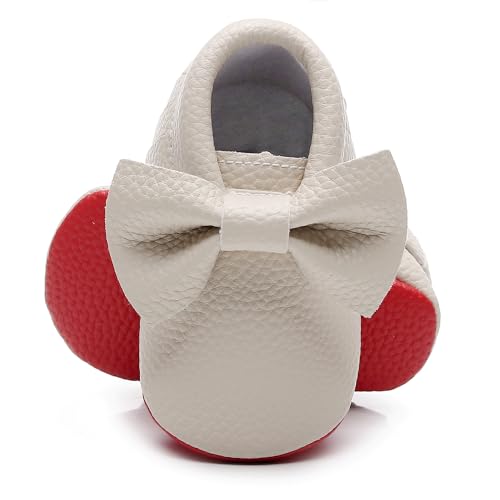 Bebila Double Bow Fringe Baby Moccasins - Soft Sole Baby Shoes Girls Toddler Crib Flats Beige - Image 3