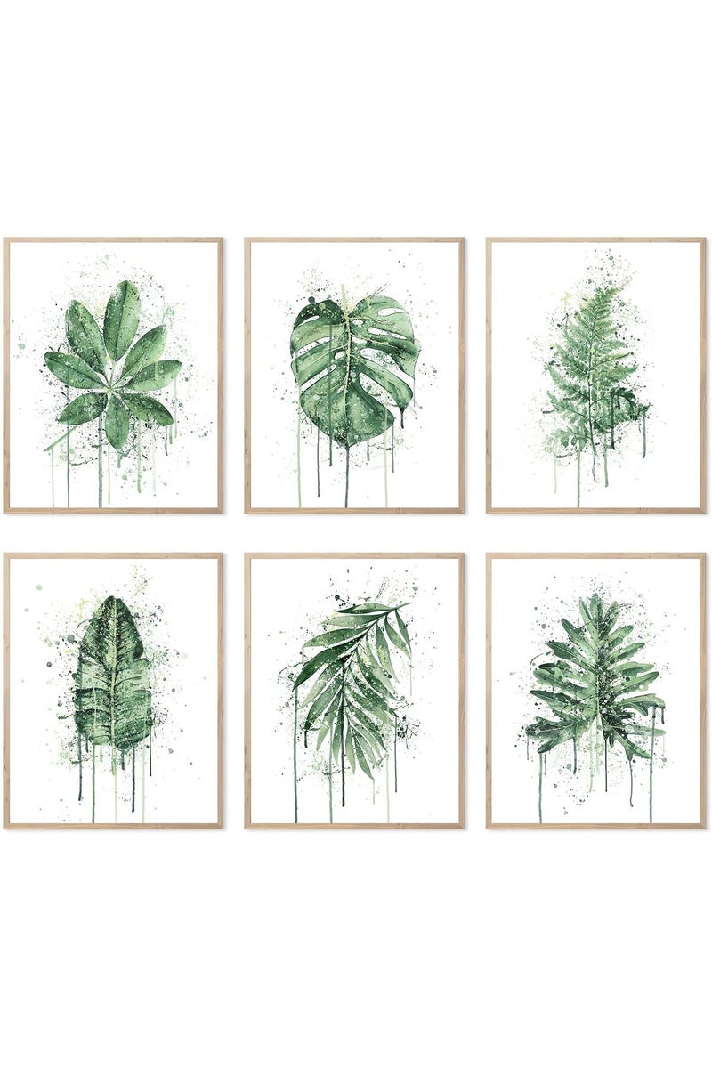 HoozGee Sage Green Leaf Poster Watercolour Splash Botanical Plant Wall Art Print Boho Plant Wall Decor Canvas Leaves Prints for Kitchen Bedroom Livingroom Bathroom Wall Decor (8"x10" UNFRAMED) - Image 1