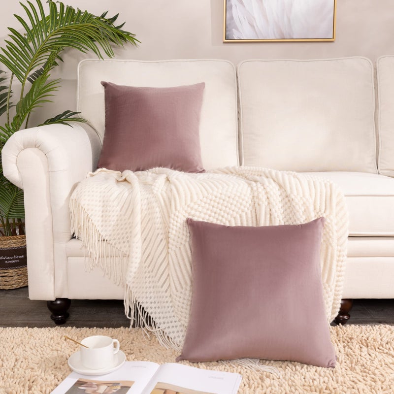 Stellhome Soft Decorative Velvet Cushion يغطي أغطية وسادة رمي مربعة لأريكة أريكة سرير مقعد 20 × 20 بوصة (50 سم) عبوة وردية دبانية من 2 حالة وسادة رمي صلبة - Image 3