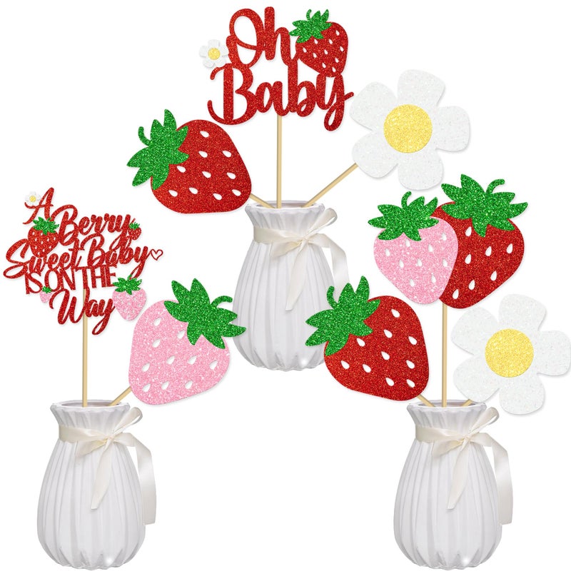 umoni Strawberry Oh Baby Centerpiece Sticks Glitter Berry Sweet Baby Shower Decorations Strawberry Theme Birthday Party Table Toppers Berry First Centerpieces for A Baby is On The Way Baby Shower Supplies - Image 2