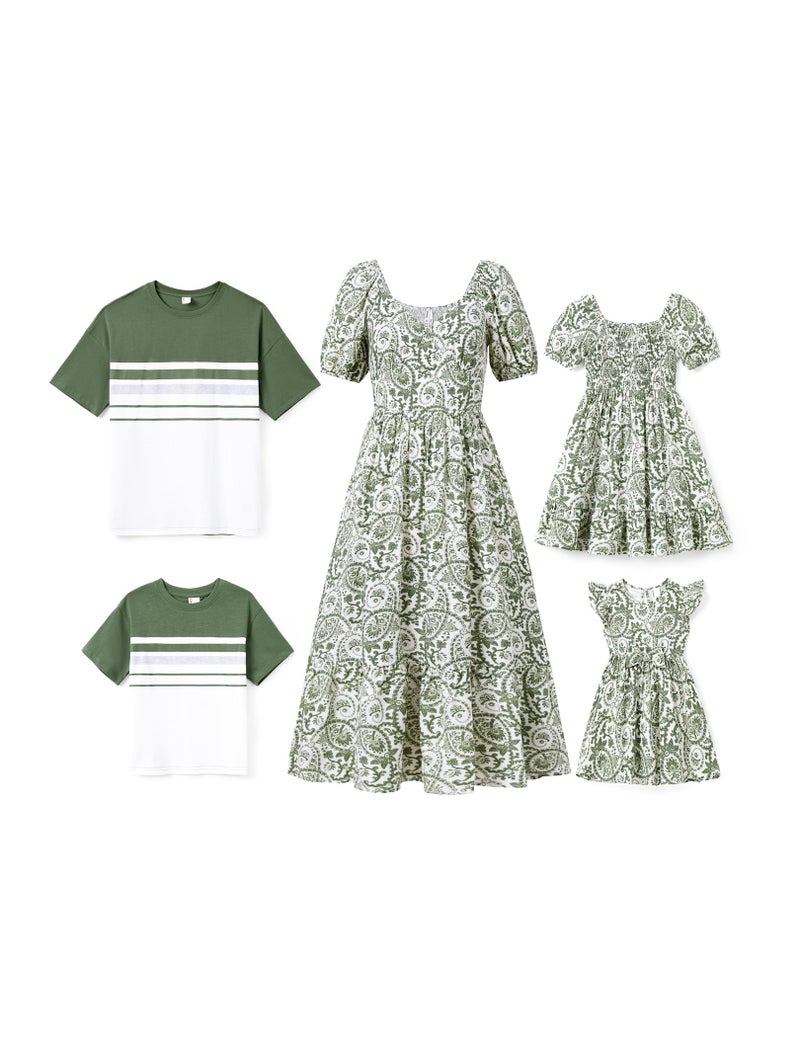PATPAT Family Matching Outfits for Women Mommy and Me Matching Shirts Dresses Paisley Print Outfits Coordinated Family Matching Dresses for Vacation Green Floral Women L