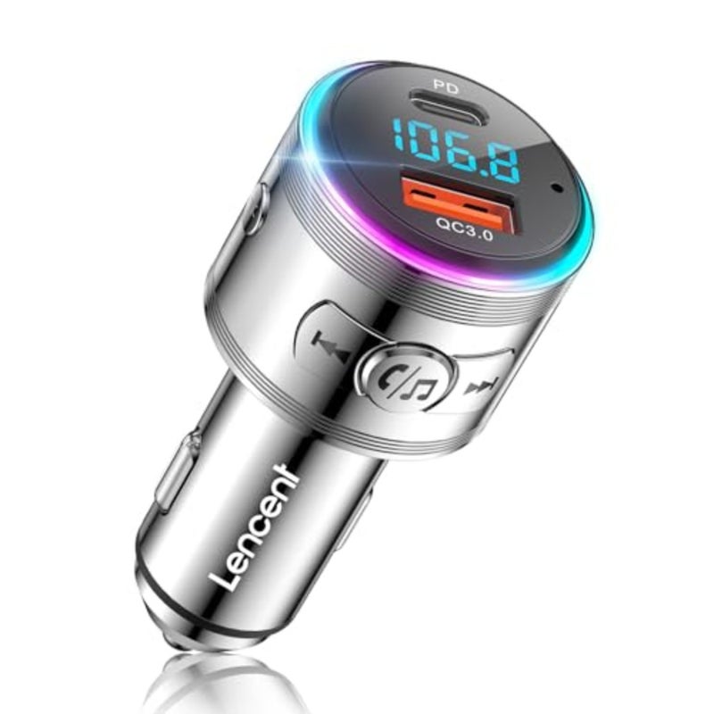 Car FM transmitter for in-vehicle audio streaming, aluminum alloy construction, black finish, Bluetooth 5.3 with Hi-Fi sound, hands-free calling, and voice assistant support - Image 1