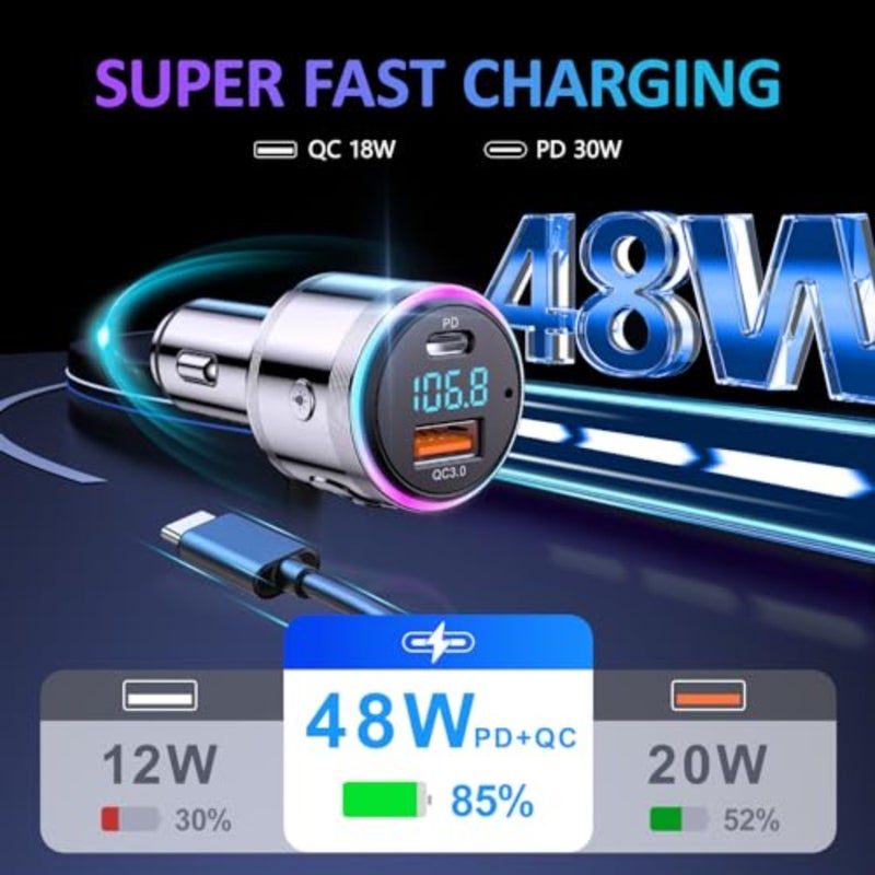 Car FM transmitter for in-vehicle audio streaming, aluminum alloy construction, black finish, Bluetooth 5.3 with Hi-Fi sound, hands-free calling, and voice assistant support - Image 2