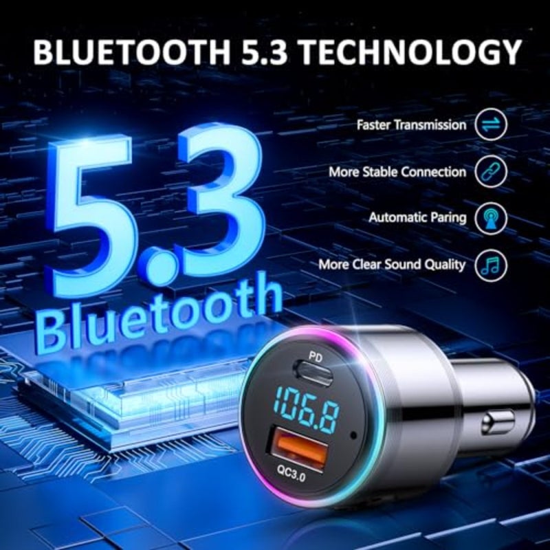 Car FM transmitter for in-vehicle audio streaming, aluminum alloy construction, black finish, Bluetooth 5.3 with Hi-Fi sound, hands-free calling, and voice assistant support - Image 5