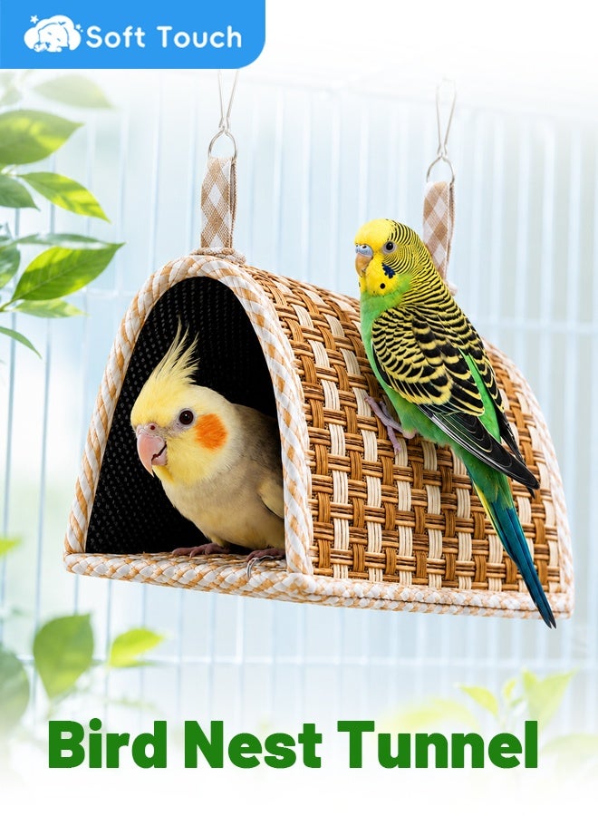 Soft Touch Cooling Woven Bird Nest Tunnel with Metal Hooks, Breathable Hanging Bird Cage Bed, Semi-Open Hideout Hut for Budgies, Parakeets, Lovebirds, Finches, Canaries, Hamsters and Small Pets - Image 1