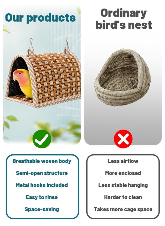Soft Touch Cooling Woven Bird Nest Tunnel with Metal Hooks, Breathable Hanging Bird Cage Bed, Semi-Open Hideout Hut for Budgies, Parakeets, Lovebirds, Finches, Canaries, Hamsters and Small Pets - Image 3