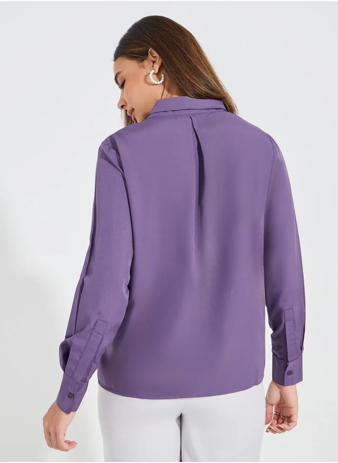 Styli Solid Regular Fit Tie-Up Neck Top with Long Cuffed Sleeve
