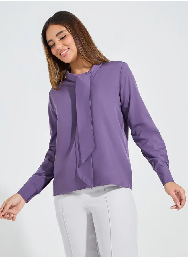 Styli Solid Regular Fit Tie-Up Neck Top with Long Cuffed Sleeve