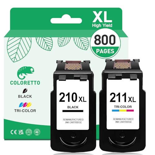 COLORETTO Remanufactured Printer Ink Cartridge Replacement for Canon-PG210XL 211XL to use with PIXMA MP230 MP240 MP250 MP260 MP270 MP490 MP495 MX320 MX350 IP2700 IP2702(1 Black+1 Color) Combo Pack - Image 1