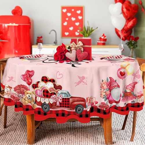 JNDJE Valentines Day Round Tablecloth 60 Inch, Valentines Day Decor Table Cloth for Round, Valentine Tablecloths Polyester Vintage, Truck Valentines Decorations Table Cover for Picnic Party Dinner - Image 1