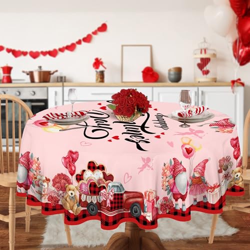 JNDJE Valentines Day Round Tablecloth 60 Inch, Valentines Day Decor Table Cloth for Round, Valentine Tablecloths Polyester Vintage, Truck Valentines Decorations Table Cover for Picnic Party Dinner - Image 2
