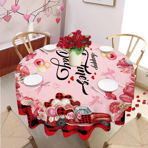 JNDJE Valentines Day Round Tablecloth 60 Inch, Valentines Day Decor Table Cloth for Round, Valentine Tablecloths Polyester Vintage, Truck Valentines Decorations Table Cover for Picnic Party Dinner - Image 4