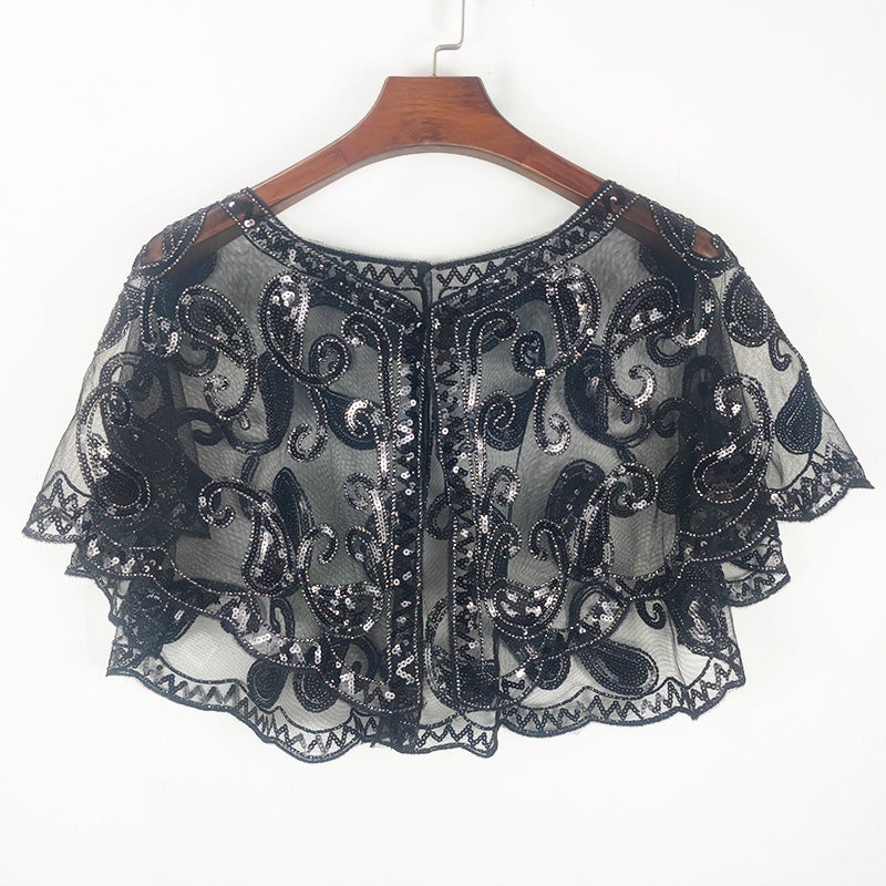 Sequin Shawl Womens Large Size European and American Summer Mesh Embroidered Beaded Pullover Sunscreen Short Coat Cross-border Trade Ware Black silver mixing rope 