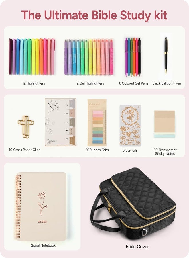 BellaHold All-in-One Bible Journaling Kit - Quilted Bible Cover Case for Women, 31 Highlighters, 75 Tabs, Bible Study Supplies & Christian Gift for Women and Teens (Shoulder Strap, Black) - Image 2