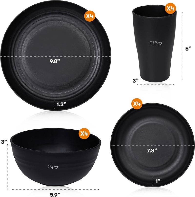 SWEVEN Wheat Straw Dinnerware Sets | Unbreakable Dinnerware Sets | Dishwasher Microwave Safe Dinnerware | Eco Friendly Non Breakable Dinnerware Sets | RV Outdoor Camping (Black, Service for 4 (16 pcs)) - Image 2