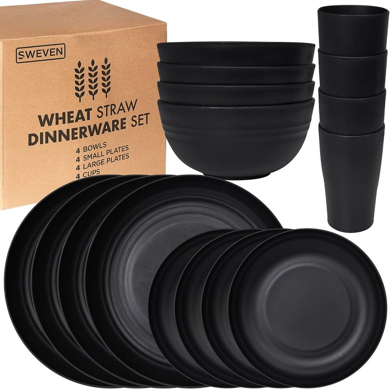 SWEVEN Wheat Straw Dinnerware Sets | Unbreakable Dinnerware Sets | Dishwasher Microwave Safe Dinnerware | Eco Friendly Non Breakable Dinnerware Sets | RV Outdoor Camping (Black, Service for 4 (16 pcs)) - Image 1
