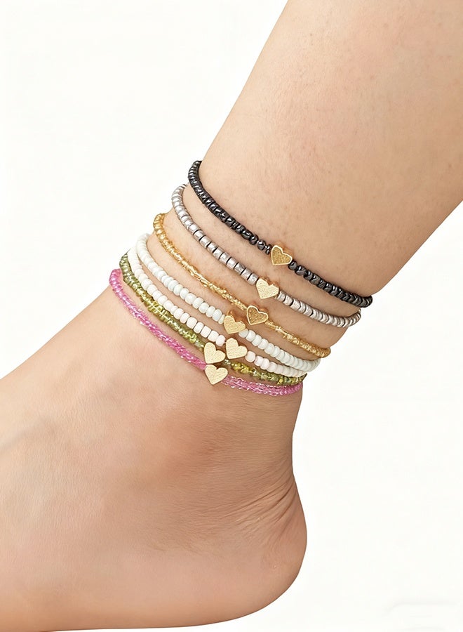 Happy D Bohemian Style Multicolor Glass Beads Heart Anklet 7pcs - Image 1