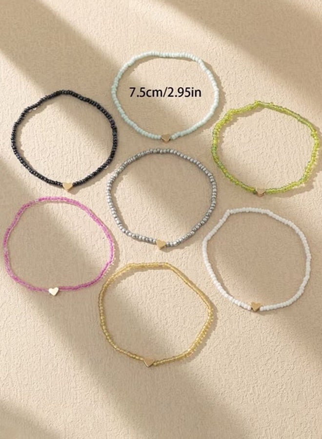 Happy D Bohemian Style Multicolor Glass Beads Heart Anklet 7pcs - Image 4
