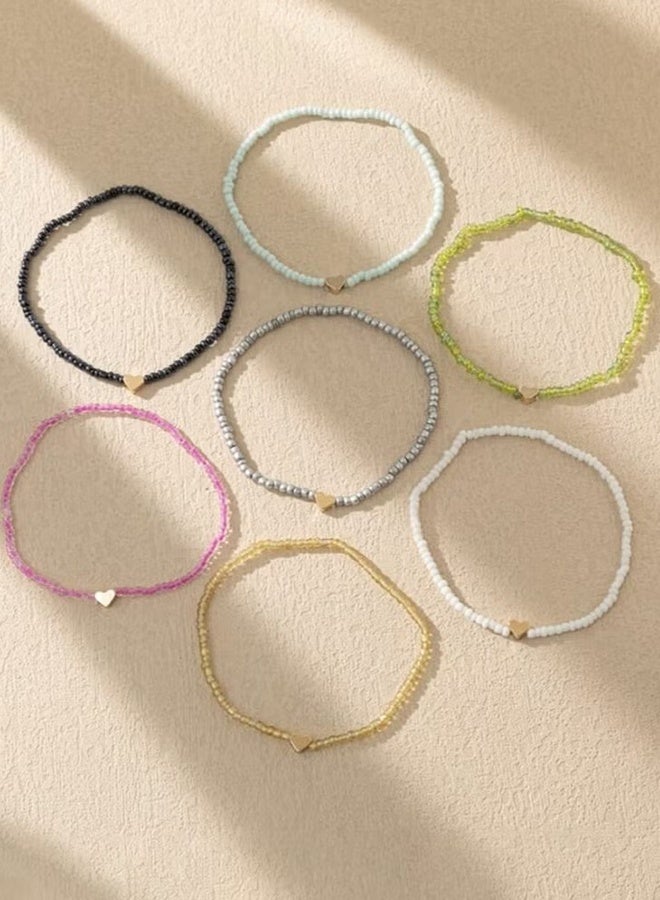 Happy D Bohemian Style Multicolor Glass Beads Heart Anklet 7pcs - Image 3