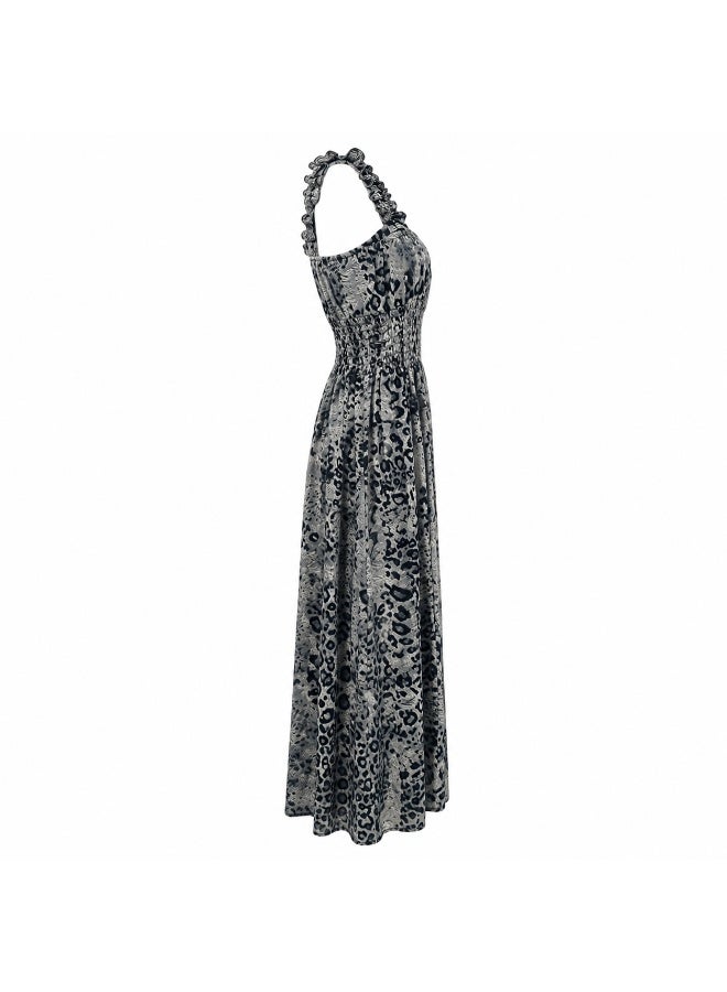 Women's Grey Animal Print Sleeveless V-Neck Smocked Waist Maxi Dress - Image 3