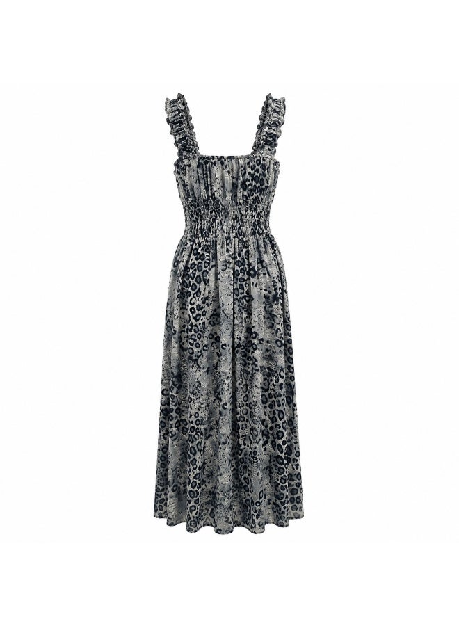 Women's Grey Animal Print Sleeveless V-Neck Smocked Waist Maxi Dress - Image 2