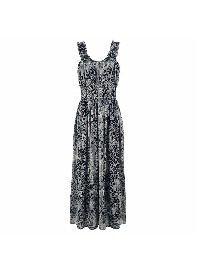 Women's Grey Animal Print Sleeveless V-Neck Smocked Waist Maxi Dress - Image 1