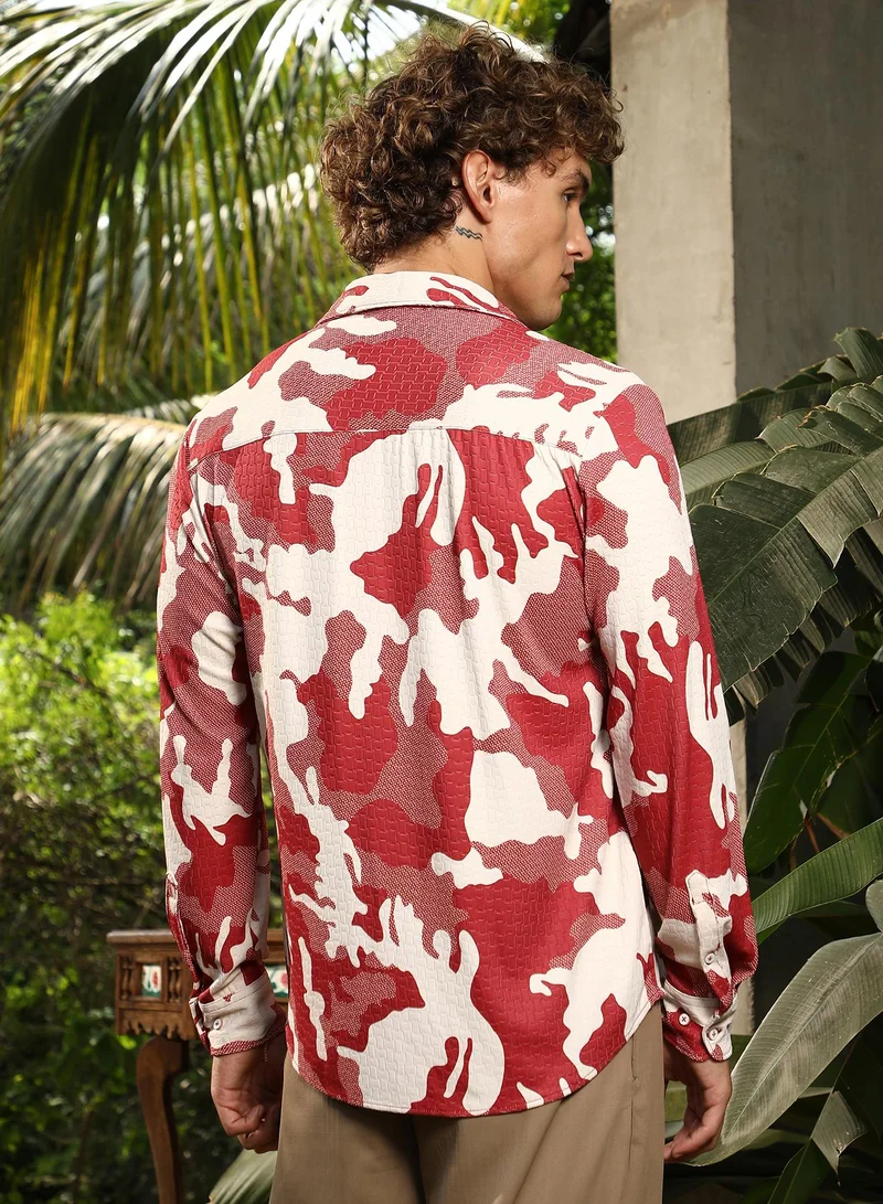 Campus Sutra Campus Sutra Men's Scarlet Red Camou-Tactile Shirt For Casual Wear | Spread Collar | Long Cuffed Sleeves | Button Closure | Shirt Crafted With Comfort Fit For Everyday Wear