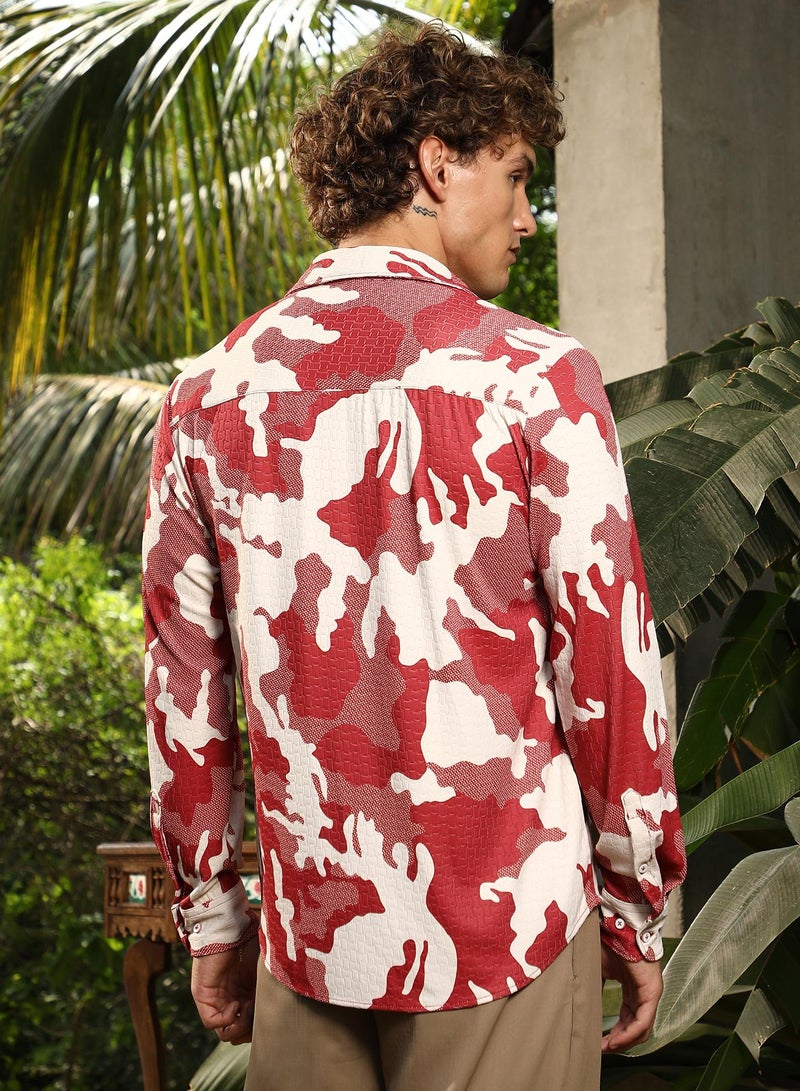 Campus Sutra Campus Sutra Men's Scarlet Red Camou-Tactile Shirt For Casual Wear | Spread Collar | Long Cuffed Sleeves | Button Closure | Shirt Crafted With Comfort Fit For Everyday Wear  - Image 5