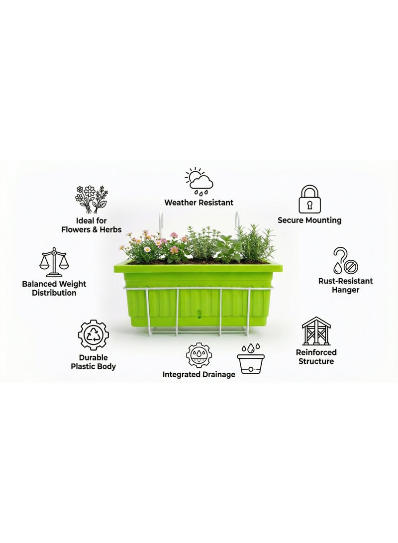 Khorshid Plastic Rectangular Planter - 60*20 - Green - with a white metal stand for hanging on the balcony - Image 5
