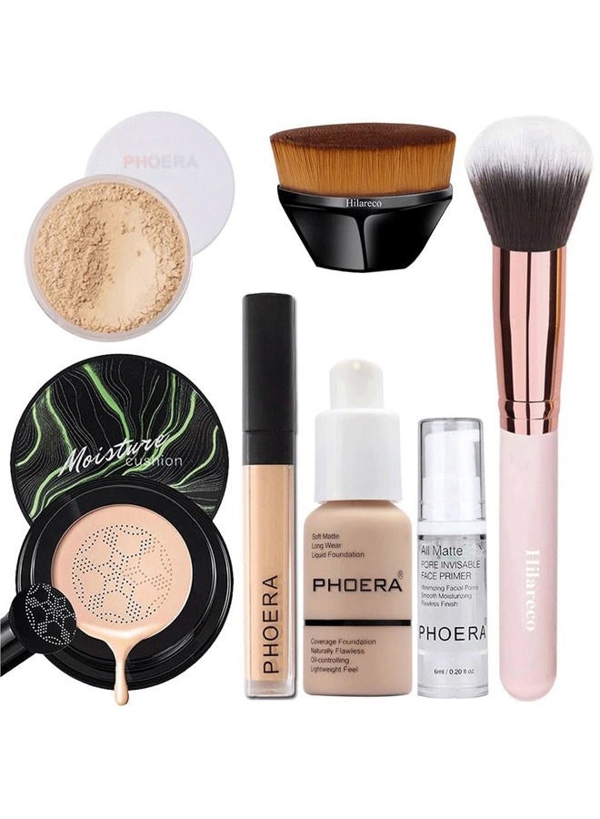 Hilareco PHOERA Full Coverage Makeup Set - Mushroom Head Air Cushion CC Cream Natural Foundation, Concealer, Primer, Powder & Foundation Brushes (102 Nued +02 Natural CC)  - Image 1