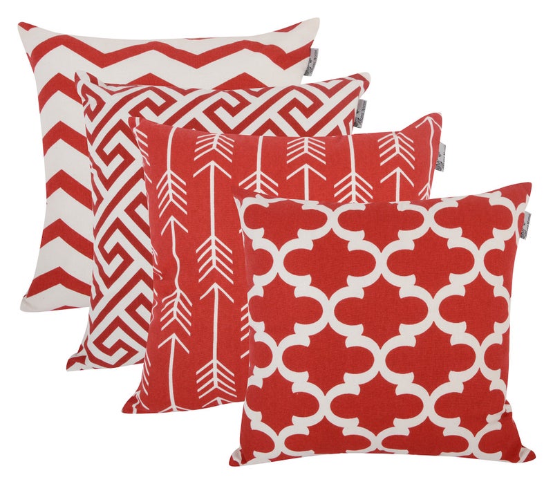 ACCENTHOME Accent Home Cotton Canvas Throw Cushion Cover Printed Both Side For Home Sofa Couch, Chair Back Seat,4pc pack 18x18" in Color Red - Image 1