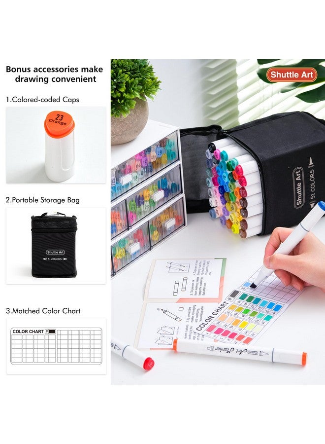 Shuttle Art Alcohol Markers Brush Tip, Dual Tip Brush & Chisel Tip Art Marker Set, 50 Colors Plus 1 Blender Permanent Marker Pens With Case Perfect For Illustration Students Adults Coloring - Image 3