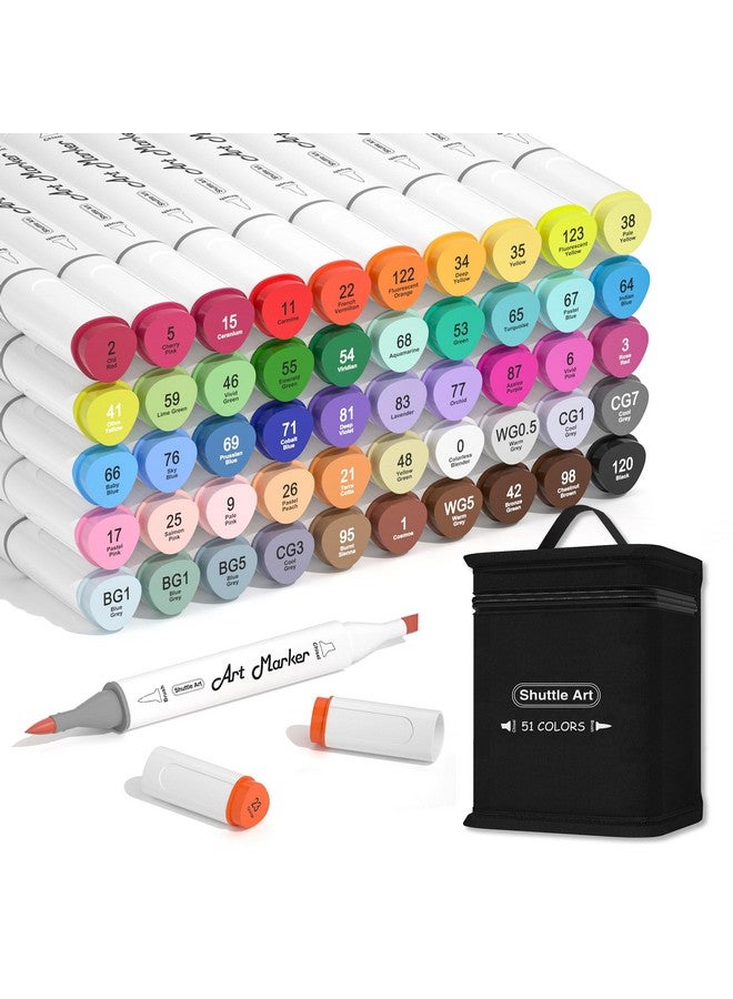 Shuttle Art Alcohol Markers Brush Tip, Dual Tip Brush & Chisel Tip Art Marker Set, 50 Colors Plus 1 Blender Permanent Marker Pens With Case Perfect For Illustration Students Adults Coloring - Image 1
