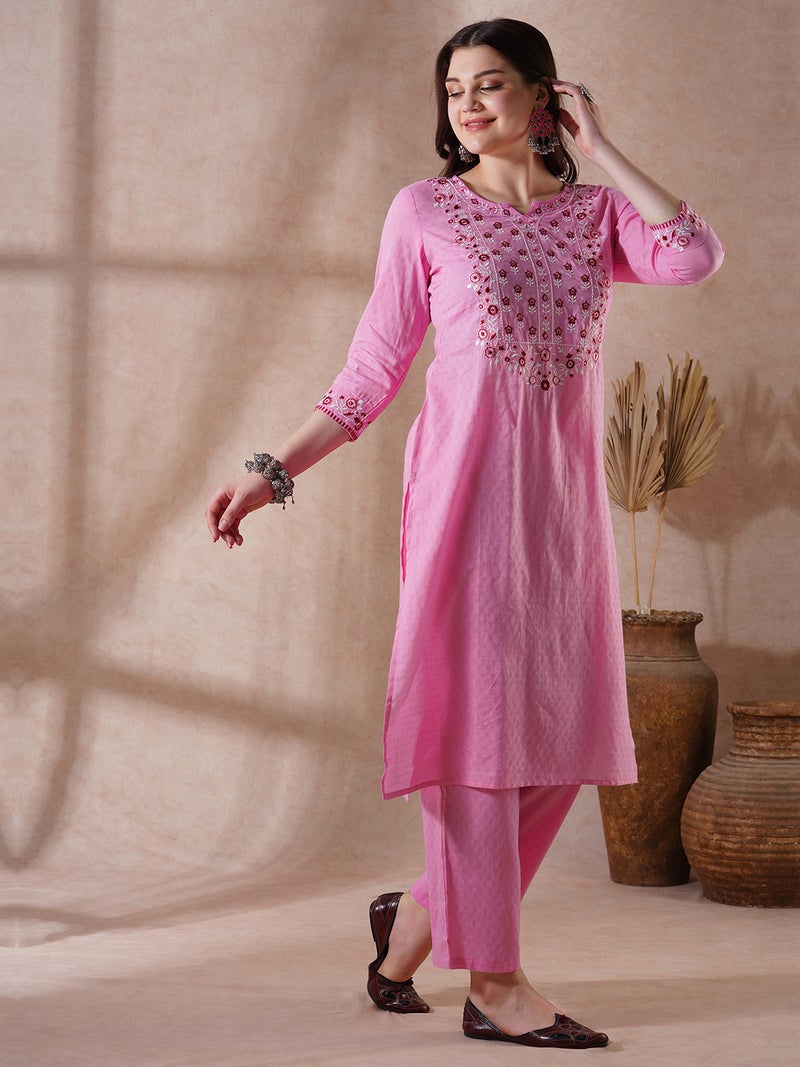 globus Globus Women Pink Floral Embroidered Yoke Straight Kurta With Pants Festive Set  - Image 2