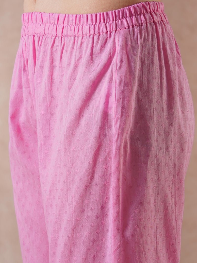 globus Globus Women Pink Floral Embroidered Yoke Straight Kurta With Pants Festive Set  - Image 5