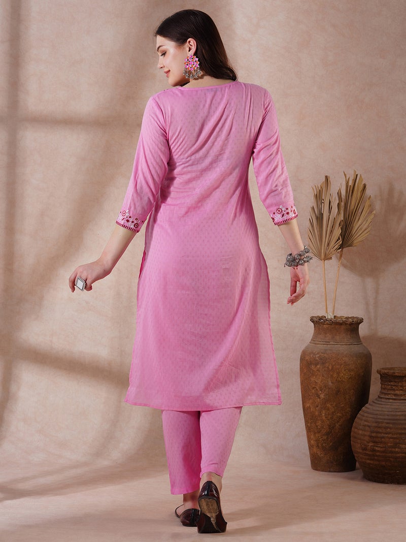globus Globus Women Pink Floral Embroidered Yoke Straight Kurta With Pants Festive Set  - Image 3
