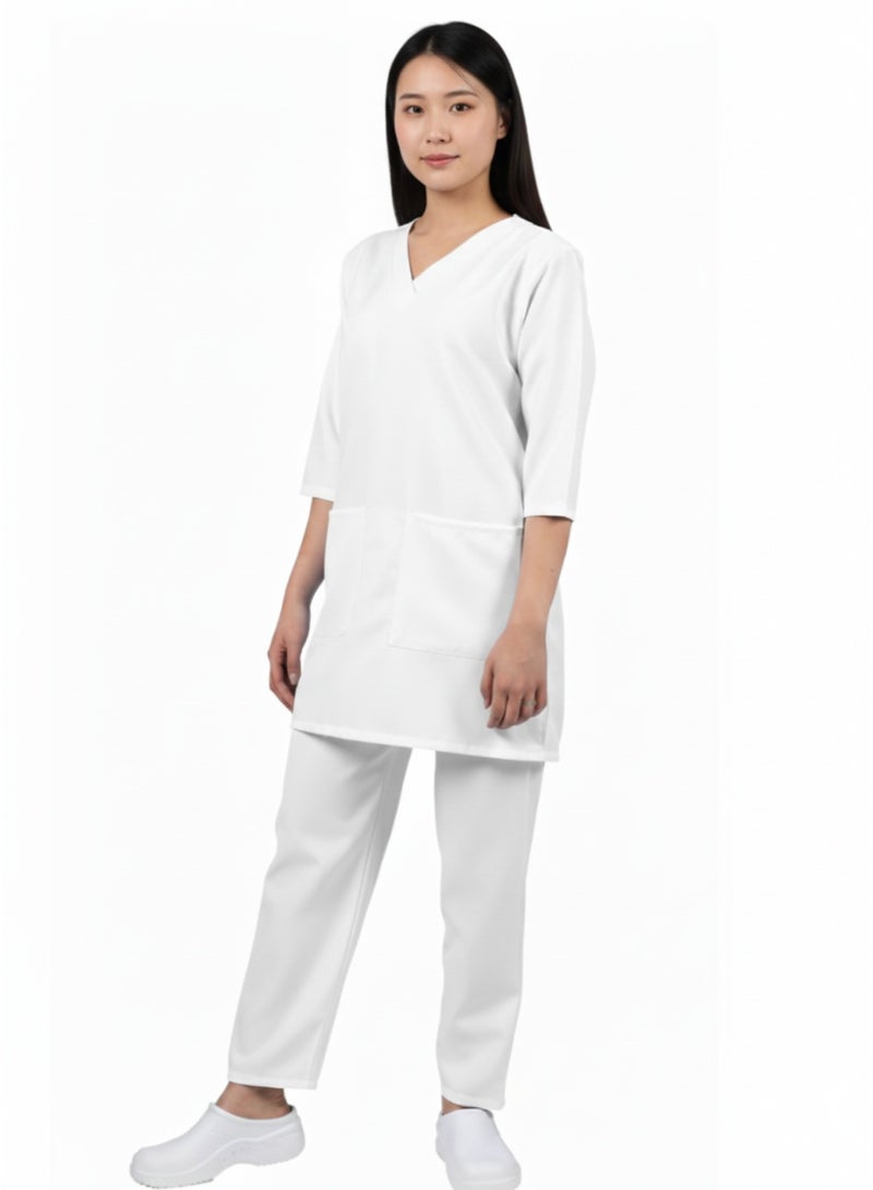 طقم ملابس طبية احترافية برقبة على شكل حرف V، مصنوع من مزيج البوليستر، مع بلوزة بأكمام ثلاثة أرباع وبنطلون مطابق، وجيبين أماميين، و/خدامة/زي مربية