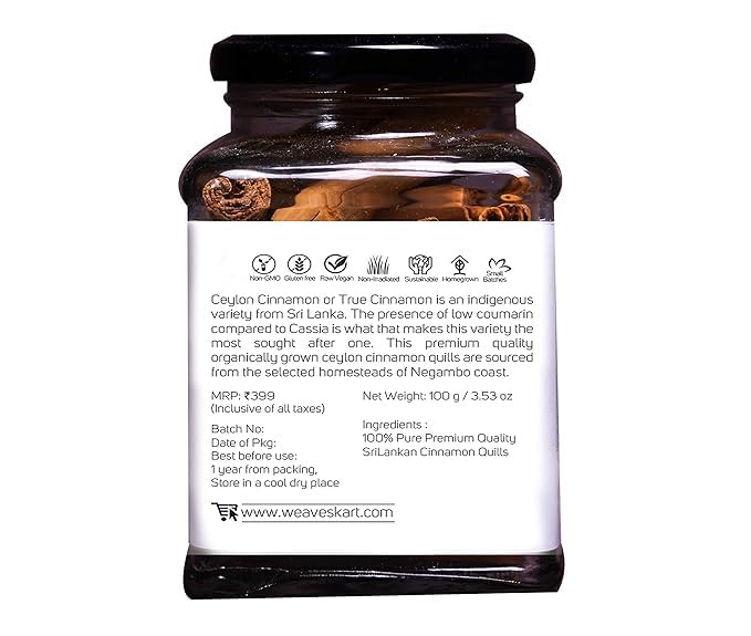 looms & weaves - Premium Ceylon Cinnamon Quills दालचीनी (Cinnamomum verum)- 100 gm (in GLASS JAR) - Image 2