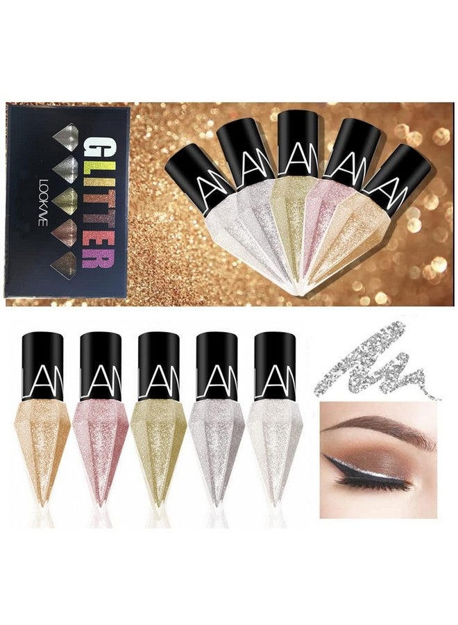 Go Ho Glitter Liquid Eyeliner Colorful Set,5 Colors Metallic Shimmer White Silver Gold Diamond Eye Liner,Glitter Eyeliner Korean Makeup,Waterproof Long Lasting Glow Eyeliner Sparkle Eyes Makeup,Set 1 - Image 2