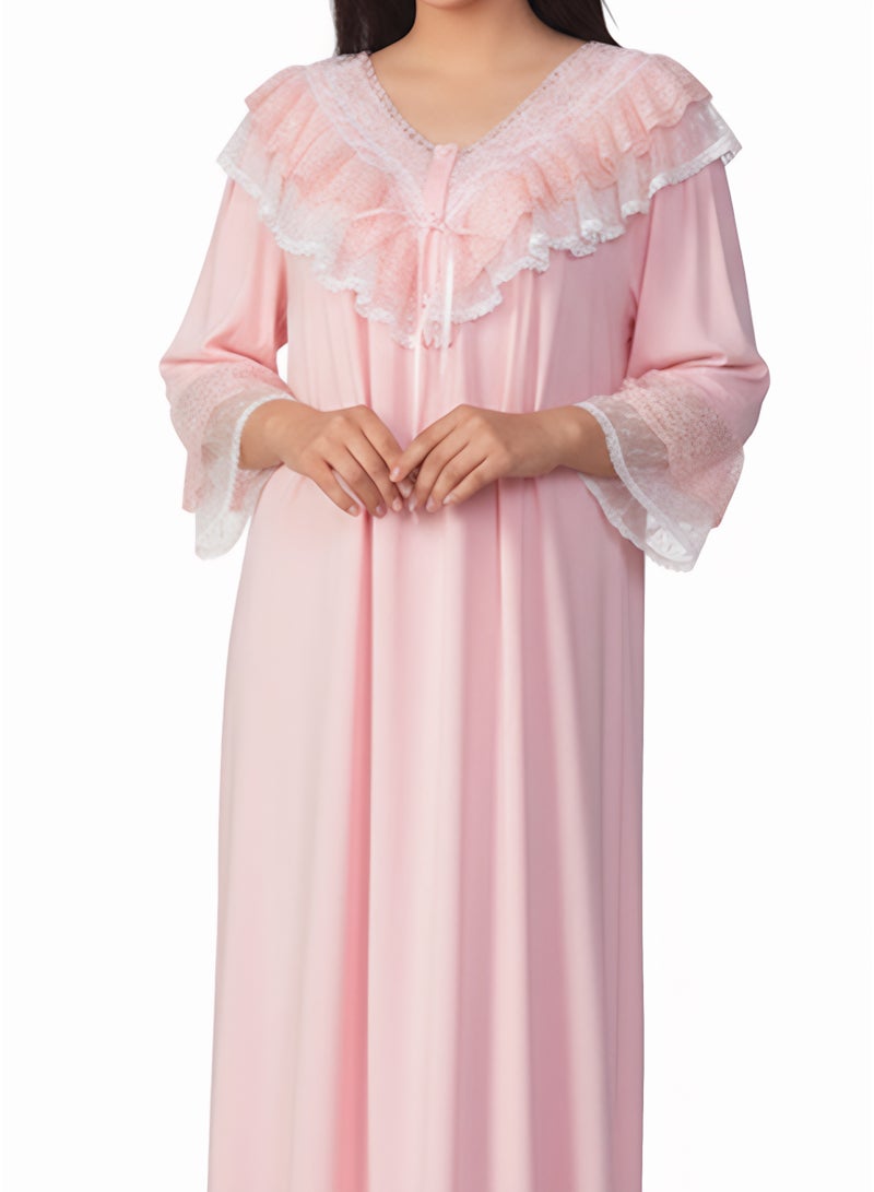 Beauenty Lace Ruffle Open Front V-Neck Hem Loose Vintage Long Nightgown Plus Size for Women - Image 1