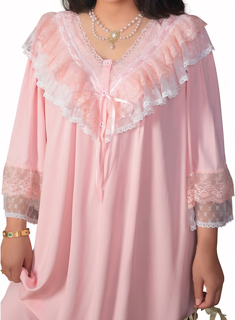 Beauenty Lace Ruffle Open Front V-Neck Hem Loose Vintage Long Nightgown Plus Size for Women - Image 2