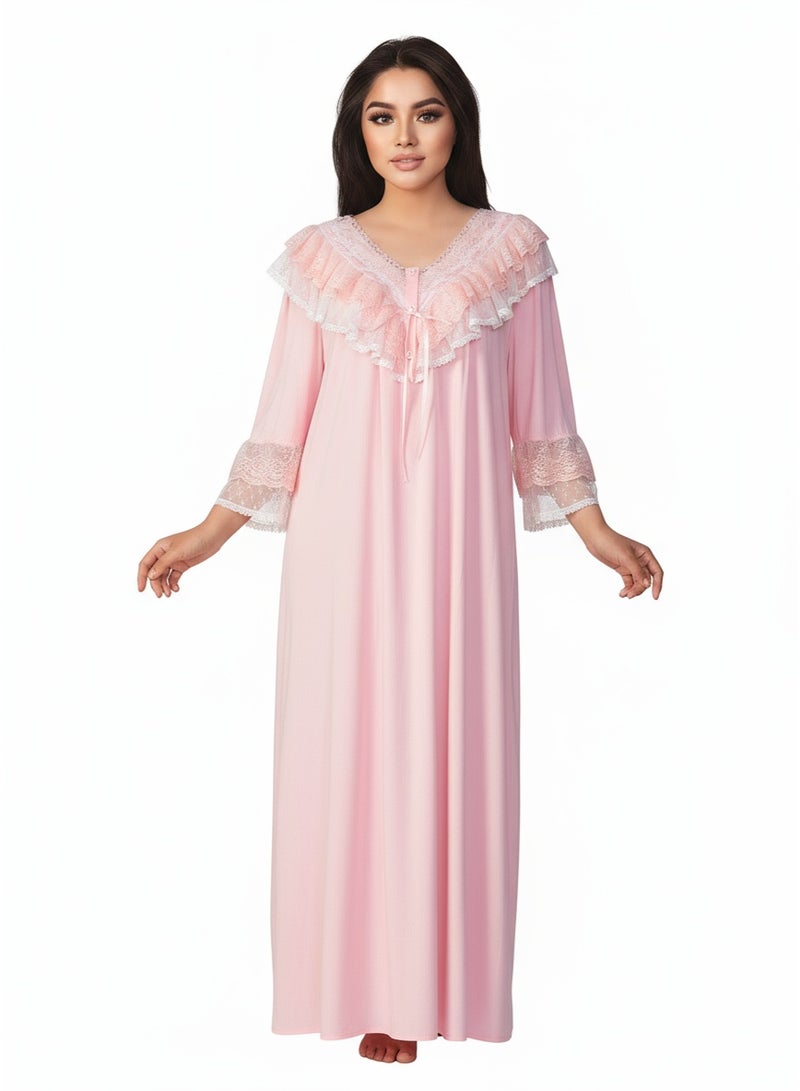 Beauenty Lace Ruffle Open Front V-Neck Hem Loose Vintage Long Nightgown Plus Size for Women - Image 3