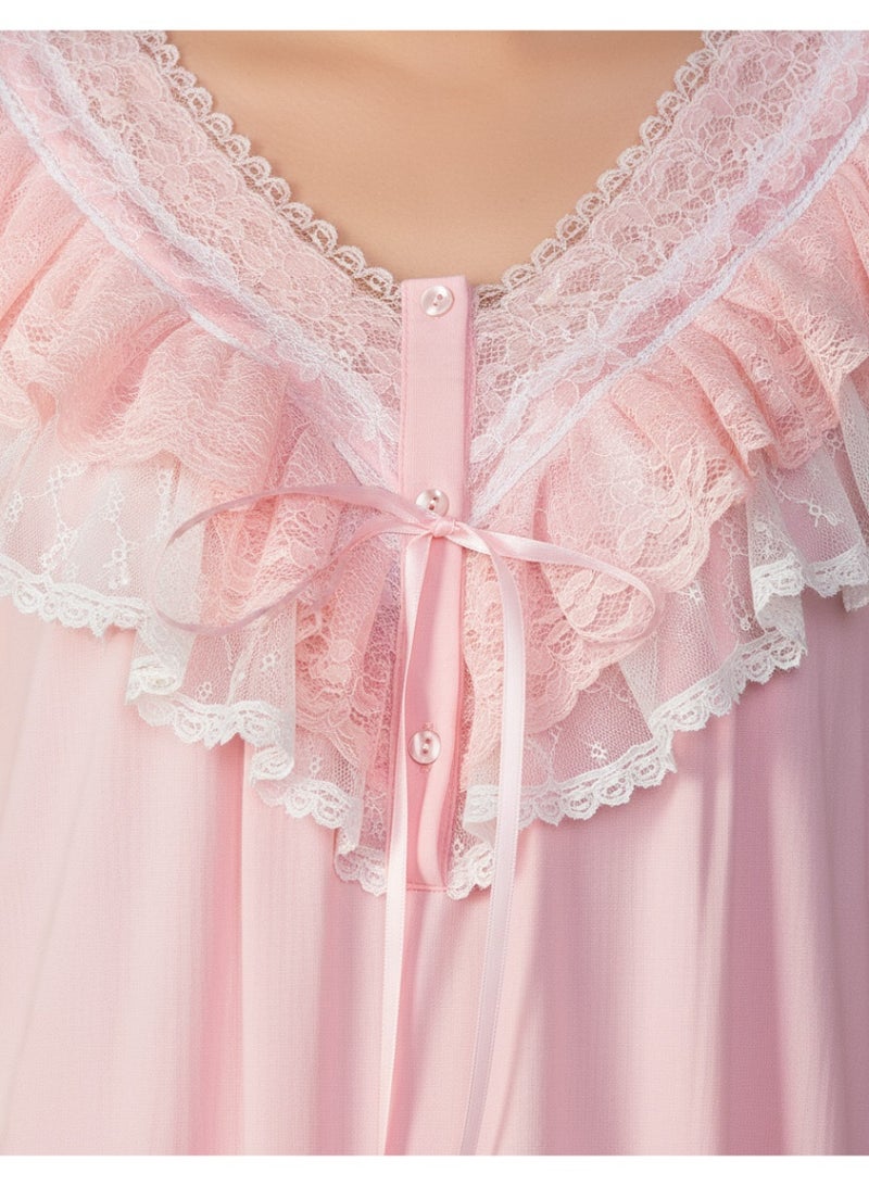 Beauenty Lace Ruffle Open Front V-Neck Hem Loose Vintage Long Nightgown Plus Size for Women - Image 5