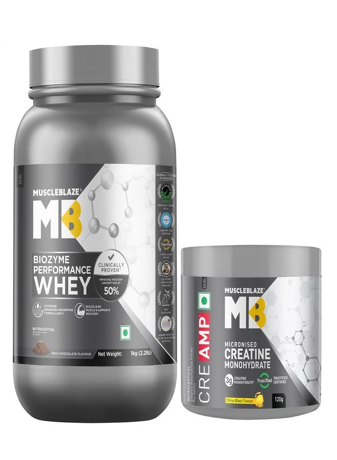 مسل بلايز مسحوق بروتين مصل اللبن عالي الأداء من MuscleBlaze Biozyme، بنكهة الشوكولاتة الغنية (1 كجم / 2.2 رطل) وكرياتين أحادي الهيدرات دقيق CreAMP، بنكهة الحمضيات المنعشة (30 حصة، 120 جم) | عبوة كومبو - Image 1