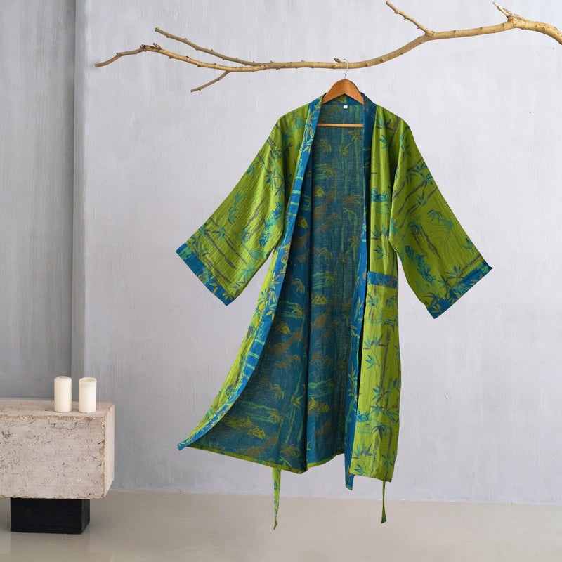 Purefair 100% Cotton Gauze Bamboo Leaf Kimono Robe, Long Knit Loose Loungewear Bathrobe Nightgown Ladies Sleepwear for Women - Image 2