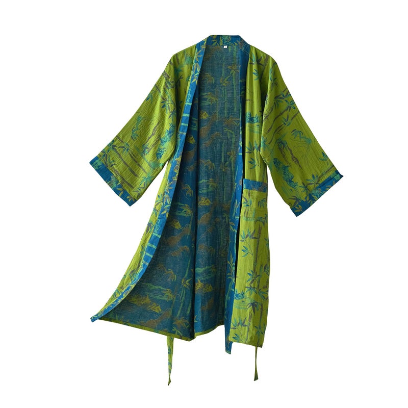Purefair 100% Cotton Gauze Bamboo Leaf Kimono Robe, Long Knit Loose Loungewear Bathrobe Nightgown Ladies Sleepwear for Women - Image 1