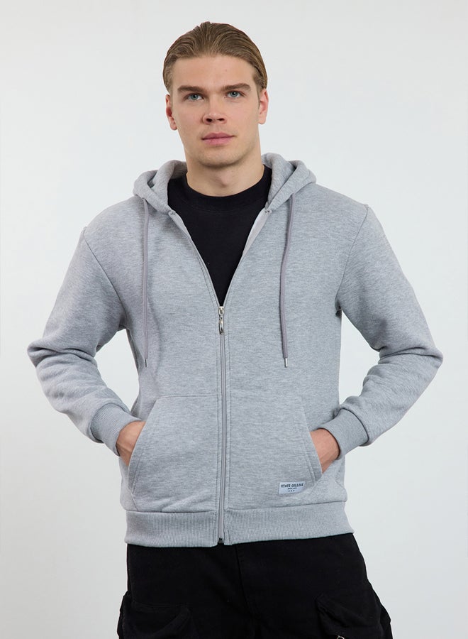 trendyol Grey Melange Regular Fit Hooded Zippered Label Applique Thick Sweatshirt - Image 2
